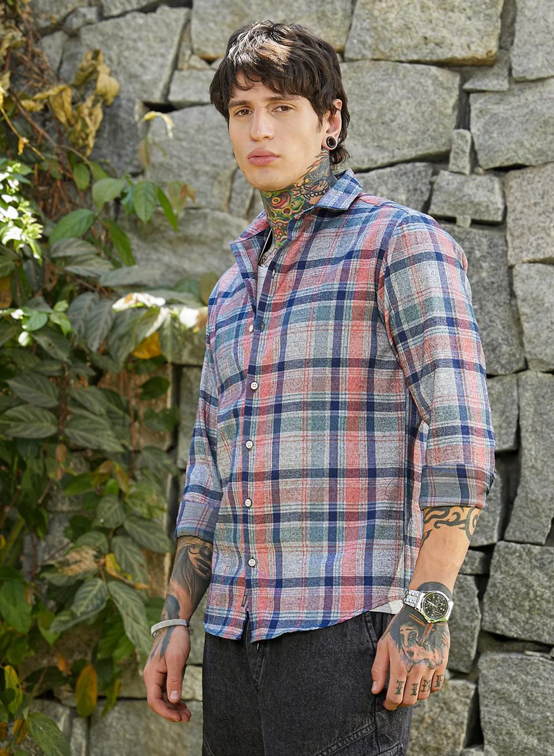 Campus Sutra Men's Icy Blue & Brick Red Ribbed-Plaid Relaxed Shirt