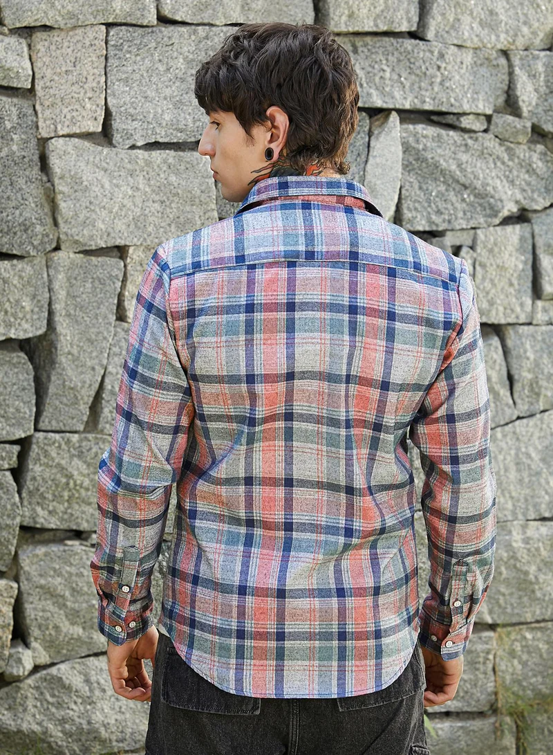 Campus Sutra Men's Icy Blue & Brick Red Ribbed-Plaid Relaxed Shirt