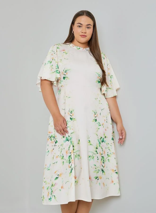 Styli Plus Size Floral Print Frill Sleeve Midi Dress