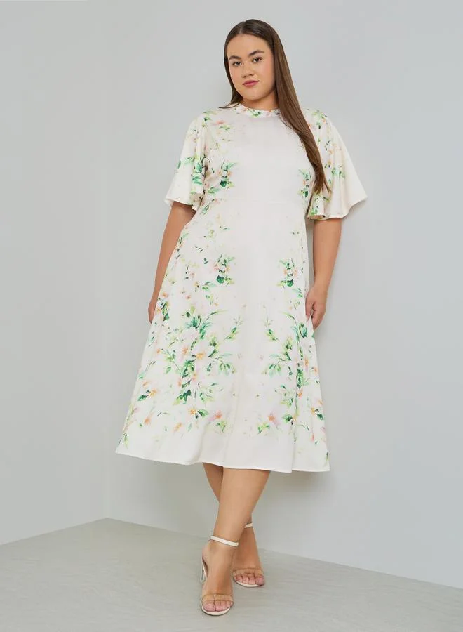 Styli Plus Size Floral Print Frill Sleeve Midi Dress