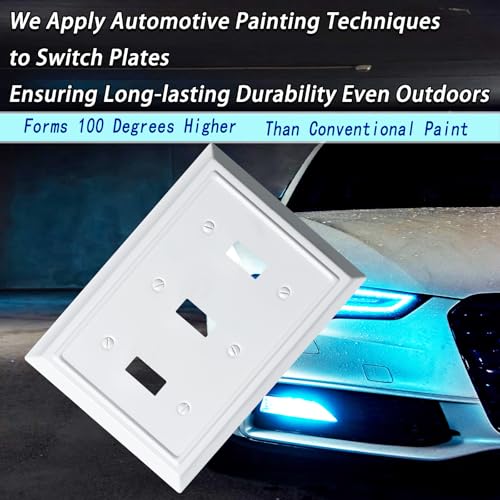 Funkiim Metal Decorative Wall Plate, Electrical Outlet Covers, Light Switch Covers, Thick and Durable Mid Size 6.88'' x 4.92'' Switch Plate in Various Styles (Pure White, 3 Gang Toggle 1 PK) - Image 5