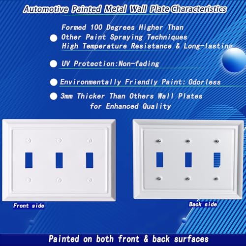 Funkiim Metal Decorative Wall Plate, Electrical Outlet Covers, Light Switch Covers, Thick and Durable Mid Size 6.88'' x 4.92'' Switch Plate in Various Styles (Pure White, 3 Gang Toggle 1 PK) - Image 3