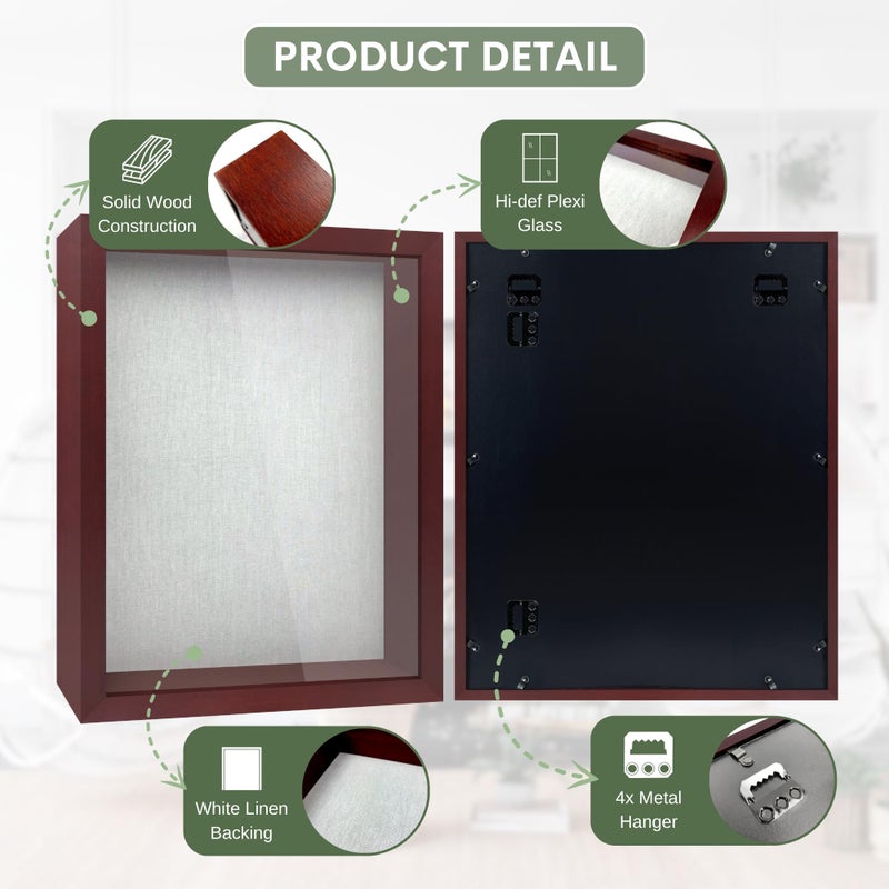 ILOT 12"x16" Solid Wood Mahogany Display Shadow Box Frame - Solid Wood Memory Box for Keepsakes (Picture Box, Military, Wedding, Graduation, and Flower Shadow Box) - Image 3