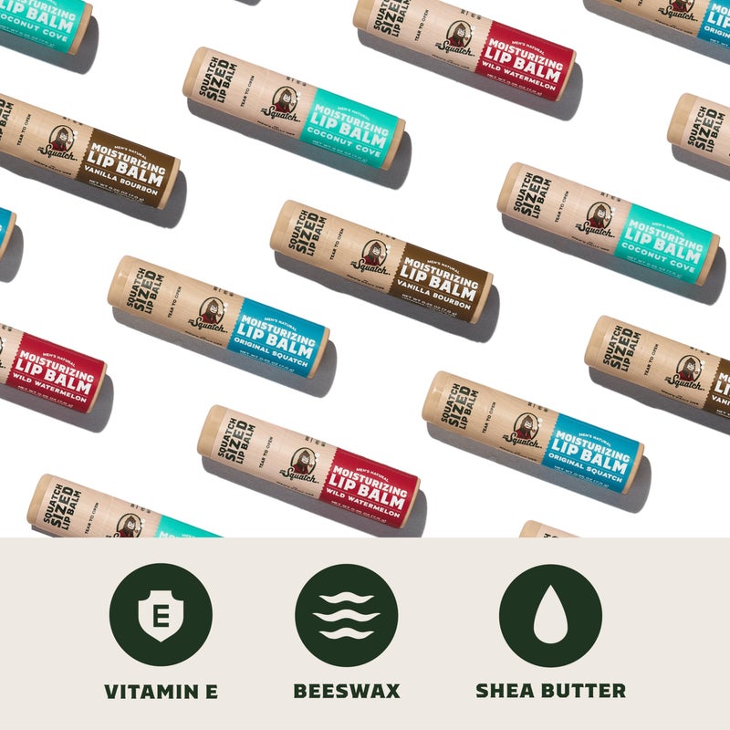 Dr. Squatch بلسم شفاه طبيعي من دكتور سكاتش - خالي من البترول، والبارابين، والنكهات الصناعية - زبدة الشيا، وشمع العسل، وفيتامين E - سكاتش الأصلي، فانيليا بوربون، خليج جوز الهند، بطيخ بري (0.25 أونصة، 4 عبوات) - Image 2