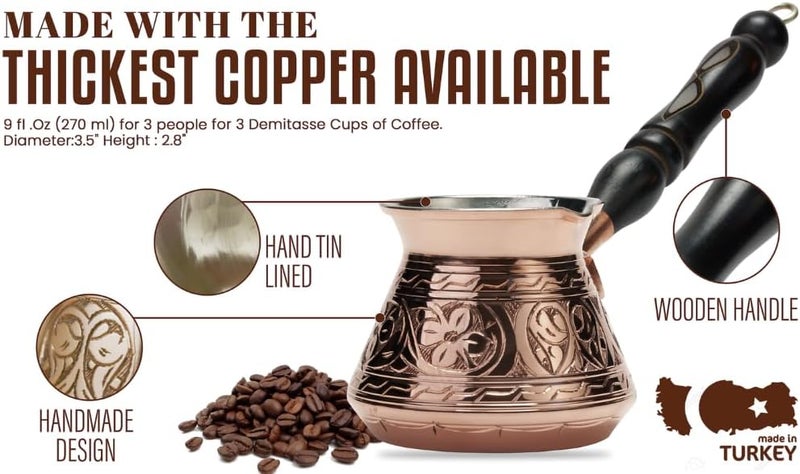 DEMMEX 2mm Thickest Copper Turkish Greek Arabic Coffee Pot Engraved Stovetop Coffee Maker Cezve Ibrik Briki with Wooden Handle & Spoon, for 3 People (Matte Copper) - Image 4