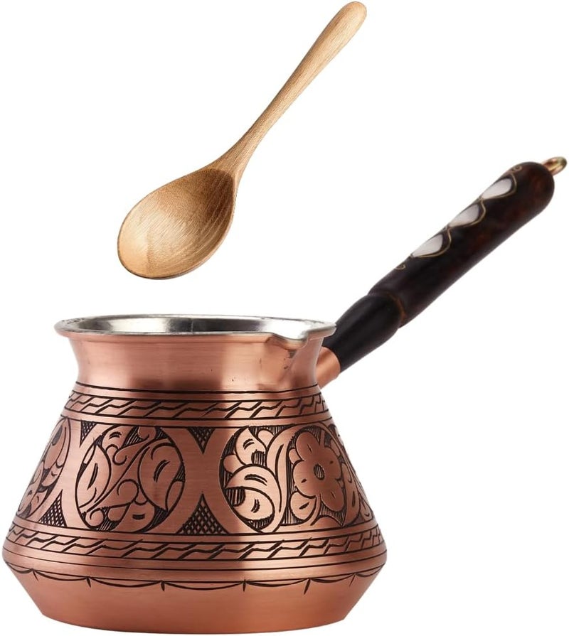 DEMMEX 2mm Thickest Copper Turkish Greek Arabic Coffee Pot Engraved Stovetop Coffee Maker Cezve Ibrik Briki with Wooden Handle & Spoon, for 3 People (Matte Copper) - Image 1