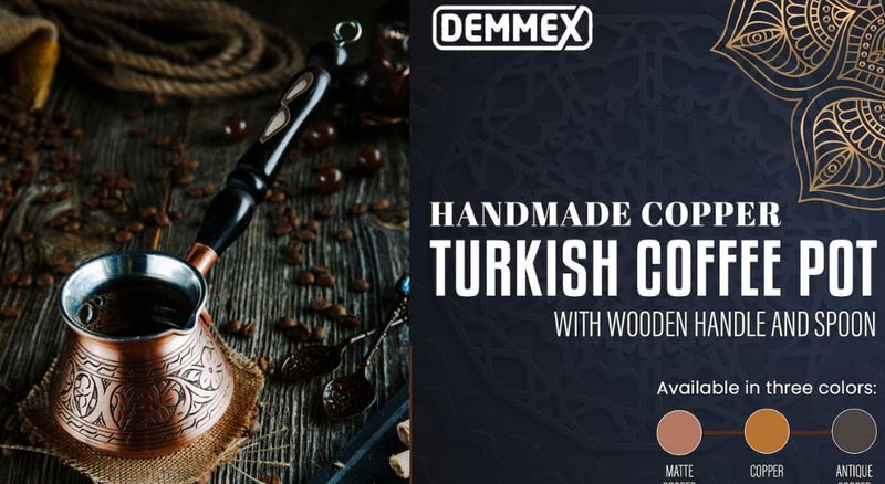DEMMEX 2mm Thickest Copper Turkish Greek Arabic Coffee Pot Engraved Stovetop Coffee Maker Cezve Ibrik Briki with Wooden Handle & Spoon, for 3 People (Matte Copper) - Image 2