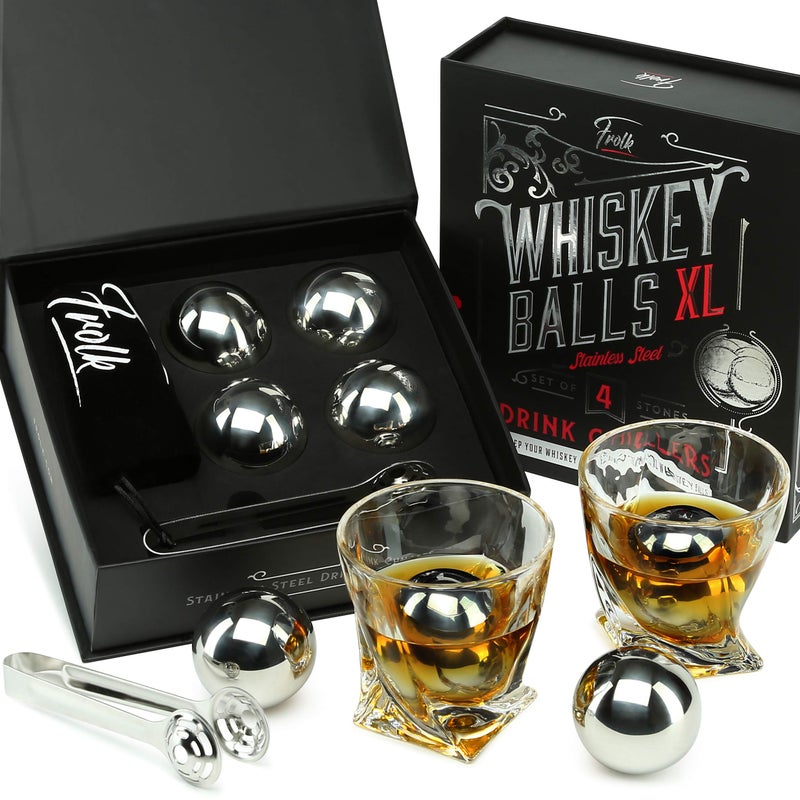 Frolk Gifts for Him  Men Dad Husband  4 XL Stainless Steel Whisky Ice Balls Special Tongs  Freezer Pouch in Luxury Gift Box for Whiskey Lovers 