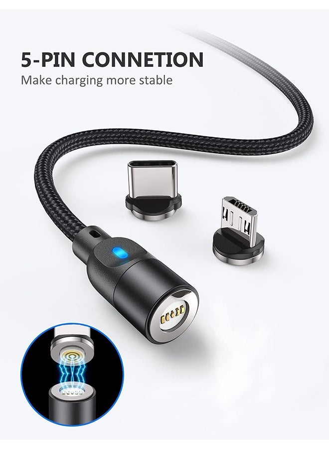إم إكس إن كابل شحن مغناطيسي صغير 3 في 1 مع رأس من النوع C ورأس Apple Lightning ورأس Android - كابل شحن سريع قابل للدوران 540 درجة مع مؤشر LED، شاحن هاتف متوافق مع iPhone 14 و13 و12 وSamsung Galaxy S22 وS21 وS2 (أسود) - Image 2