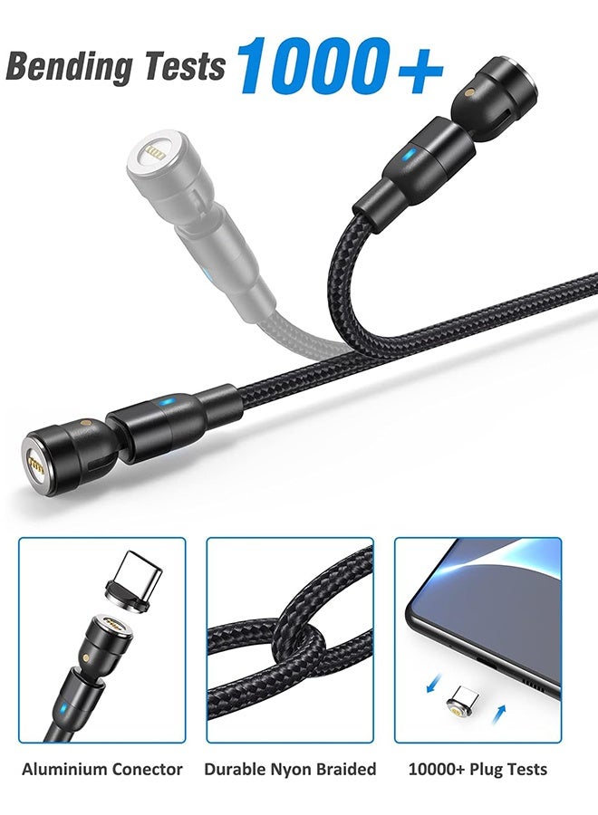 إم إكس إن كابل شحن مغناطيسي صغير 3 في 1 مع رأس من النوع C ورأس Apple Lightning ورأس Android - كابل شحن سريع قابل للدوران 540 درجة مع مؤشر LED، شاحن هاتف متوافق مع iPhone 14 و13 و12 وSamsung Galaxy S22 وS21 وS2 (أسود) - Image 3