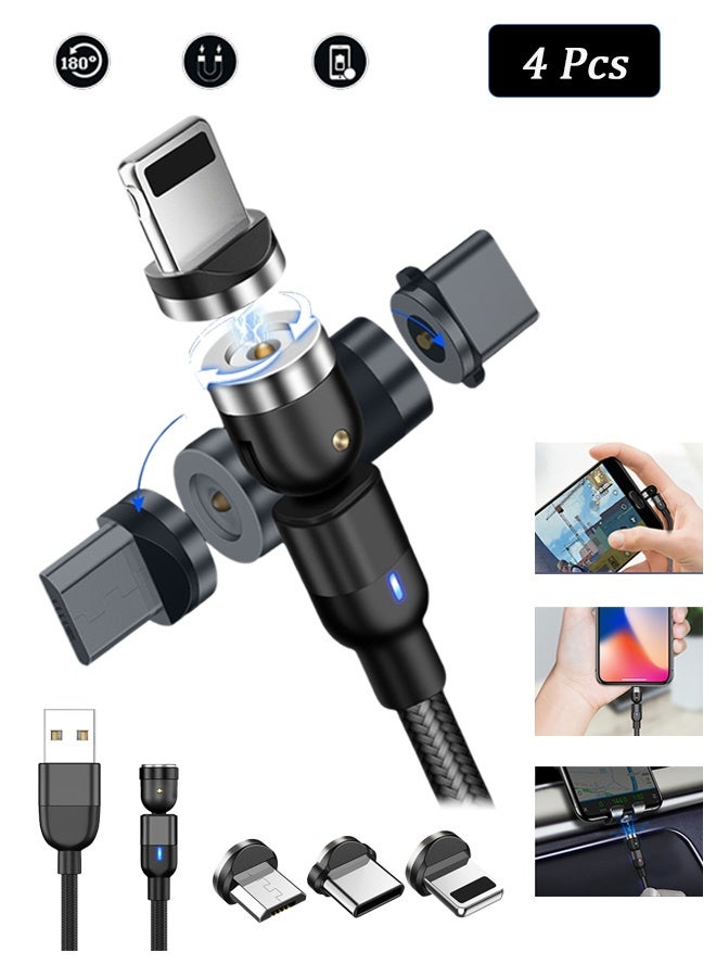 إم إكس إن كابل شحن مغناطيسي صغير 3 في 1 مع رأس من النوع C ورأس Apple Lightning ورأس Android - كابل شحن سريع قابل للدوران 540 درجة مع مؤشر LED، شاحن هاتف متوافق مع iPhone 14 و13 و12 وSamsung Galaxy S22 وS21 وS2 (أسود) - Image 1