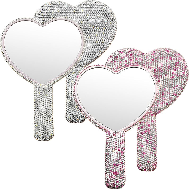 2 Pcs Compact Heart Mirror Set, Small Handheld Mirror with Elegant Rhinestone Handle, and Silver Heart-Shaped Design for Makeup, 6.3 in X 4.3 in - Image 1