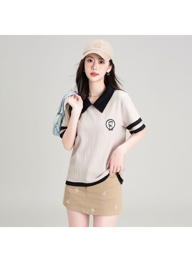 Hstyle Preppy-style Contrast Color Design Niche Peter Pan Collar Short Sleeve T-shirt For Women - Loose Comfortable Summer Korean Fashion Top - Image 3