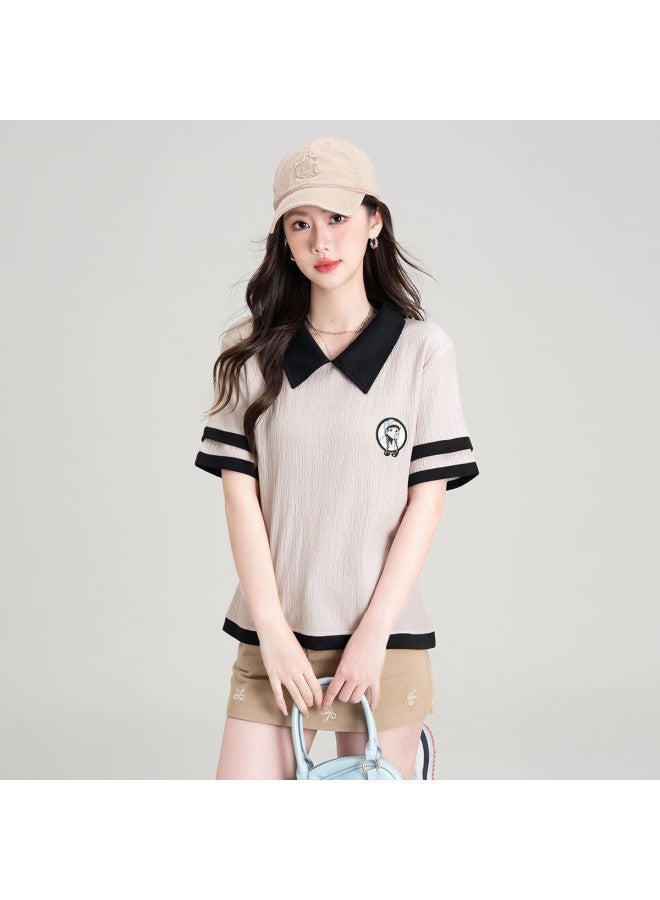Hstyle Preppy-style Contrast Color Design Niche Peter Pan Collar Short Sleeve T-shirt For Women - Loose Comfortable Summer Korean Fashion Top - Image 2