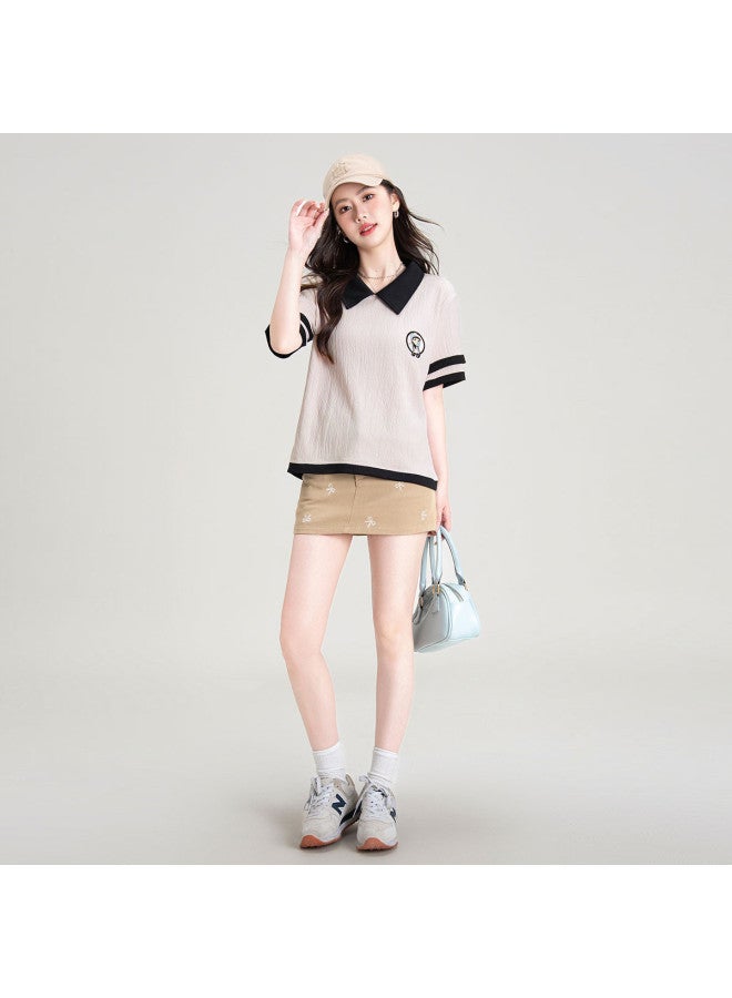 Hstyle Preppy-style Contrast Color Design Niche Peter Pan Collar Short Sleeve T-shirt For Women - Loose Comfortable Summer Korean Fashion Top - Image 5