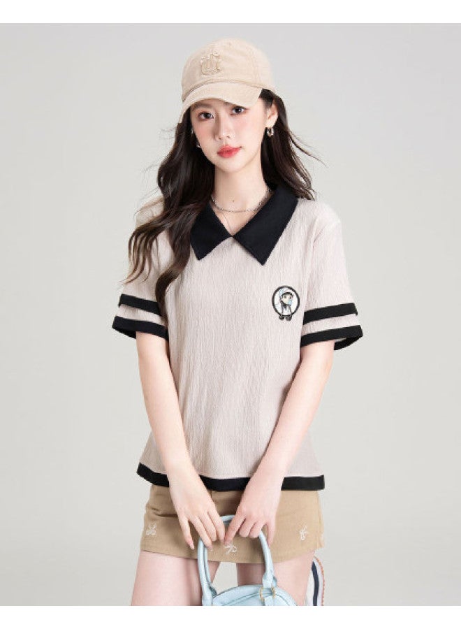 Hstyle Preppy-style Contrast Color Design Niche Peter Pan Collar Short Sleeve T-shirt For Women - Loose Comfortable Summer Korean Fashion Top - Image 1