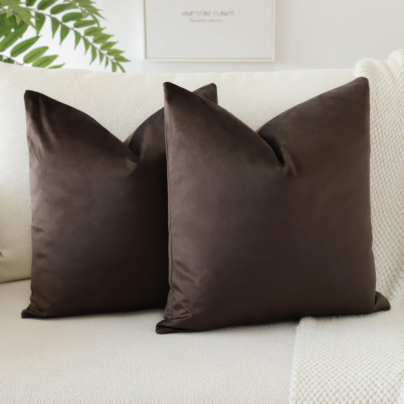 JOTOM Set of 2 Velvet Soft Solid Cushion Covers 45x45 cm Decorative Throw Pillow Covers Square Cushion Case Home Decor Pillow Cases for Couch Sofa Living Room Bedroom 18x18 Inch Chocolate Brown