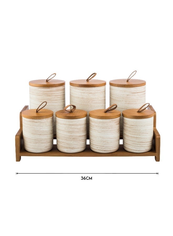 Dania 7-piece ceramic sugar, tea and spice canister set with lid and wooden holder - Image 5
