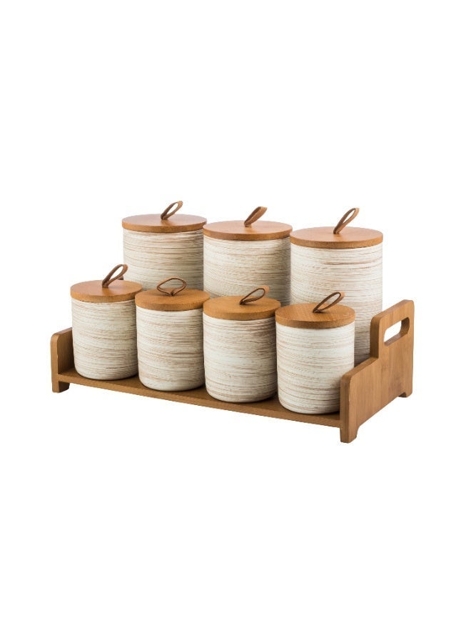 Dania 7-piece ceramic sugar, tea and spice canister set with lid and wooden holder - Image 2