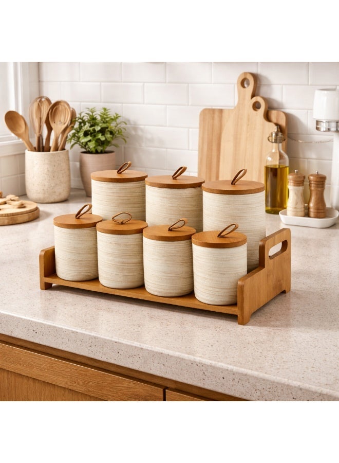 Dania 7-piece ceramic sugar, tea and spice canister set with lid and wooden holder - Image 1