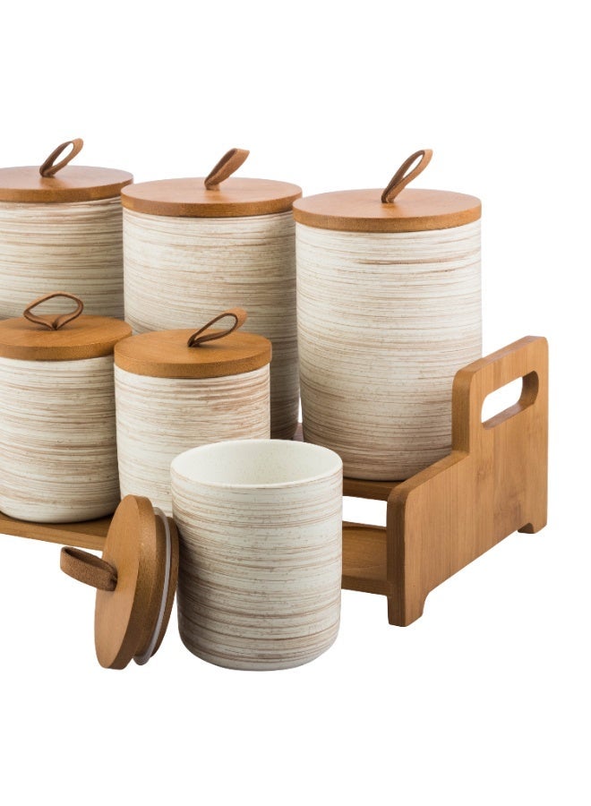 Dania 7-piece ceramic sugar, tea and spice canister set with lid and wooden holder - Image 4