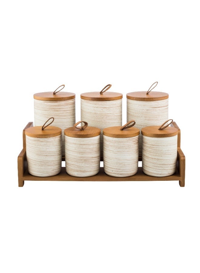 Dania 7-piece ceramic sugar, tea and spice canister set with lid and wooden holder - Image 3