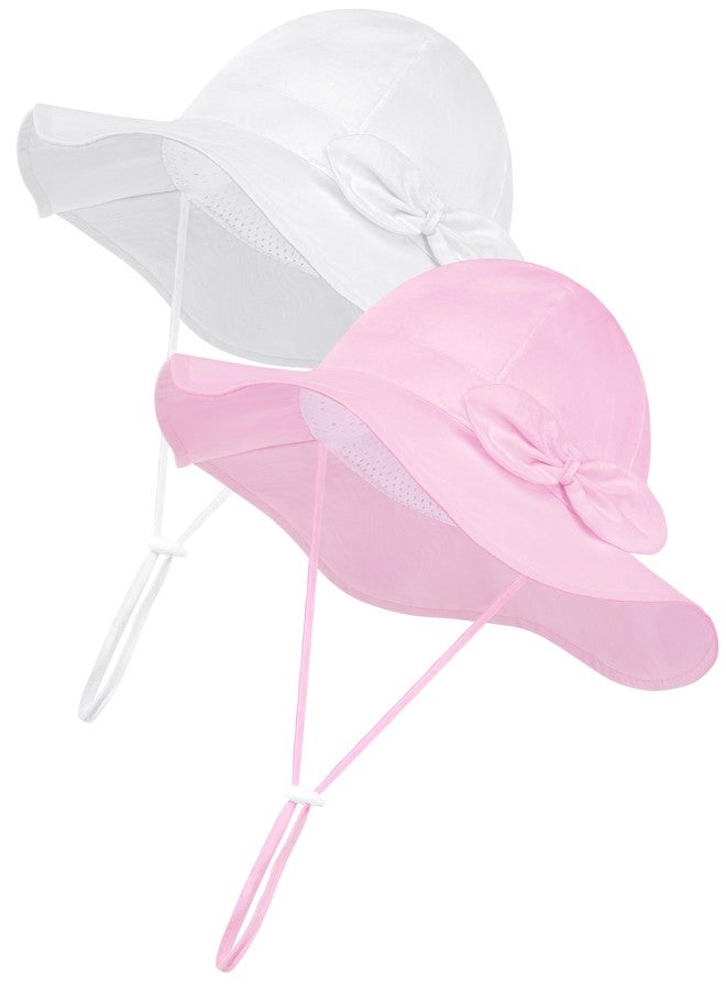 Cooraby 2 Pack Baby Girl Sun Hat with UPF 50+ Outdoor Adjustable Beach Hat with Wide Brim Bucket Hats for Toddlers White, Pink - Image 1