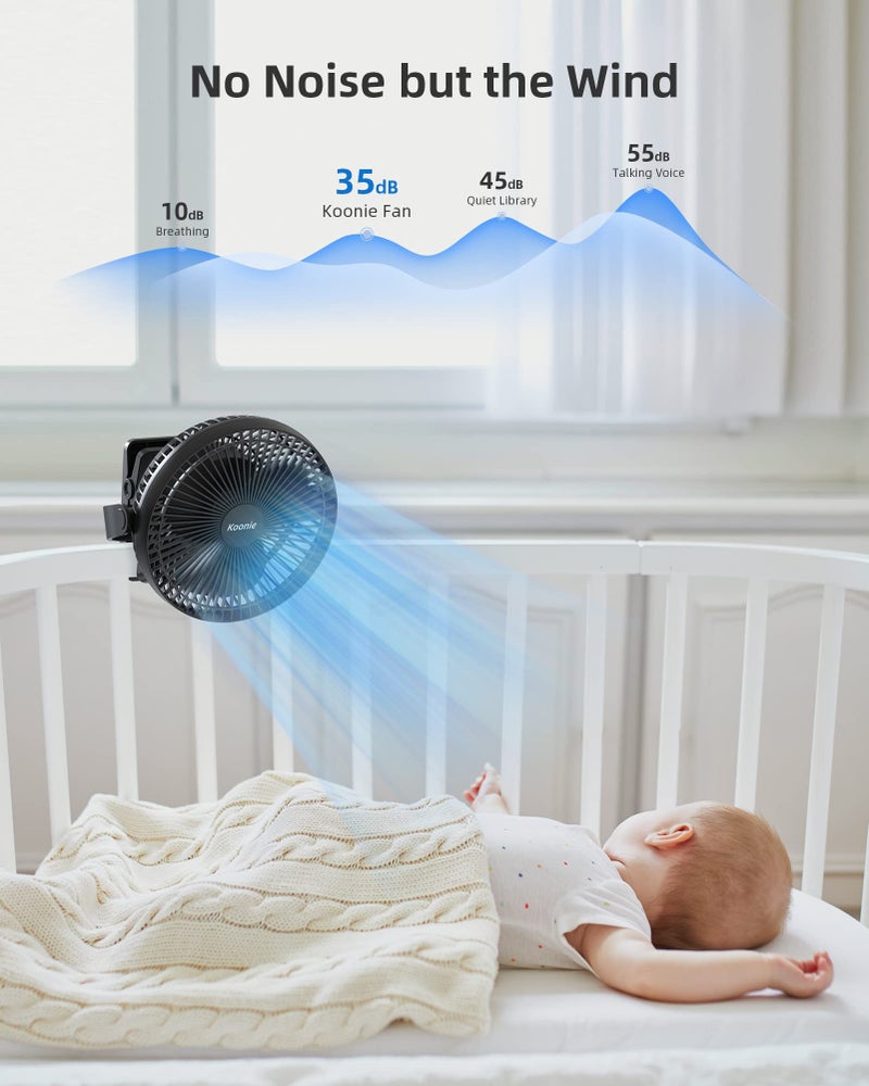 Koonie 10000mAh Clip on Fan Rechargeable, 8-Inch Battery Operated Desk Fan, USB Fan, 4 Speeds, Strong Airflow, Sturdy Clamp for Golf Cart Office Desk Outdoor Travel Camping Tent Gym Treadmill,Black - Image 4