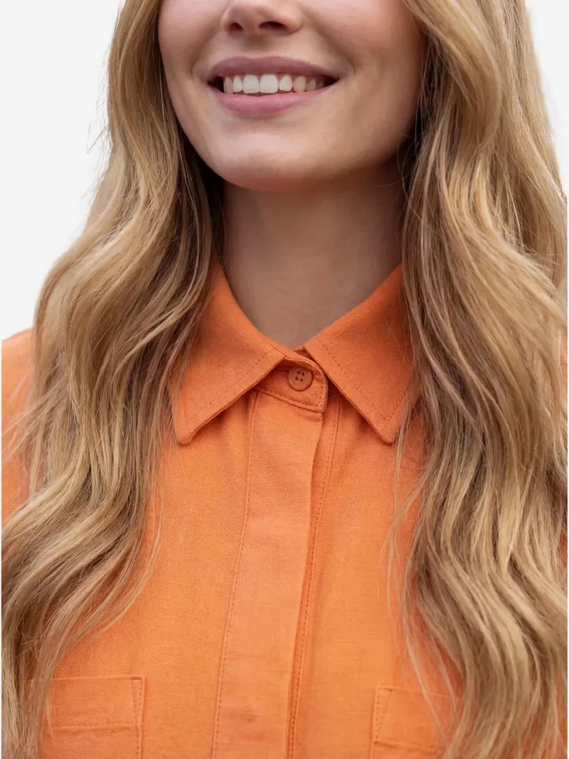 My Fashion Pumpkin Orange MY FASHION Linen Blend Casual Button-Up Shirt with Pocket for Women | Best Price UAE
