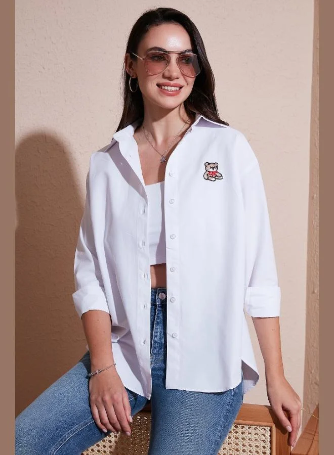 ليلا قميص نسائي قطن ليلا بتطريز دب عادي المقاس