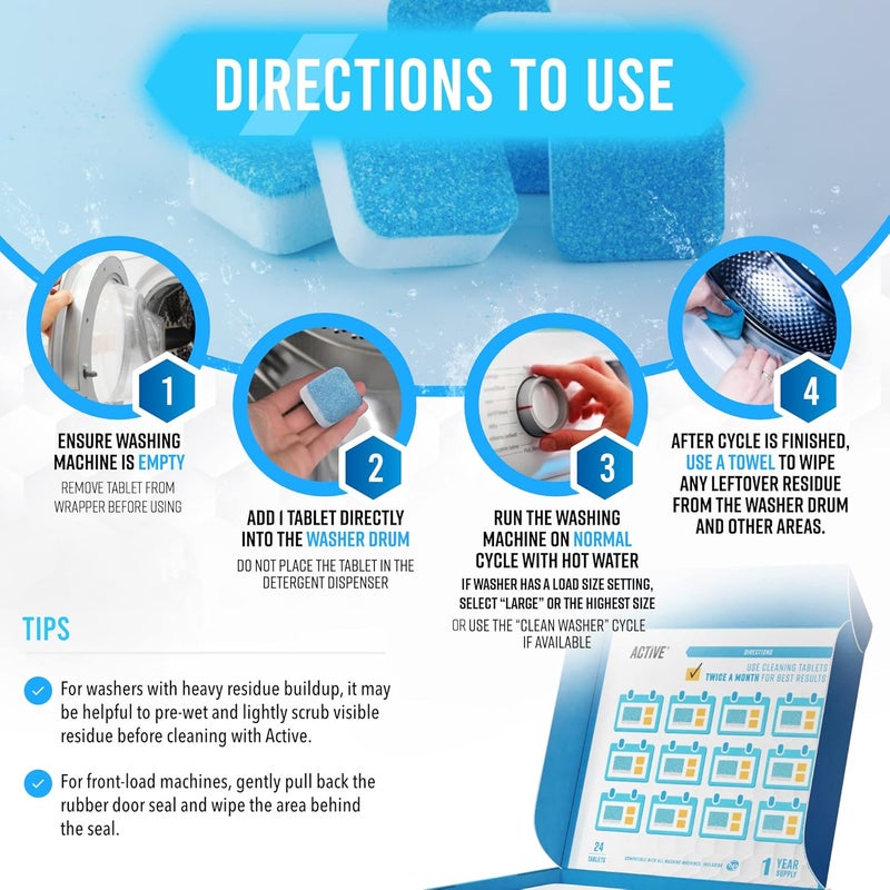 Active Washing Machine Cleaner Descaler 24 Pack - Deep Cleaning Tablets For HE Front Loader & Top Load Washer, Septic Safe Eco-Friendly Deodorizer, Clean Inside Drum and Laundry Tub Seal - 12 Month Supply - Image 4