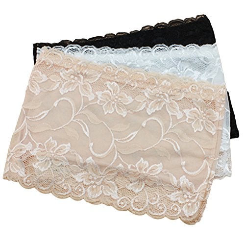 LUOEM 3pcs Women's Floral Lace Tube Top Stretchy Strapless Non-Padded Bandeau, Black, White, Skin, X-Large - Image 1