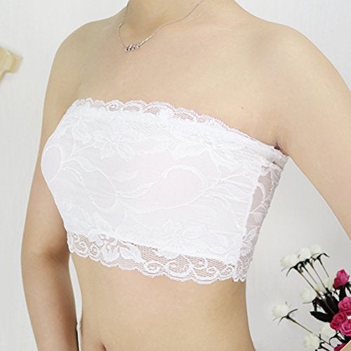LUOEM 3pcs Women's Floral Lace Tube Top Stretchy Strapless Non-Padded Bandeau, Black, White, Skin, X-Large - Image 2