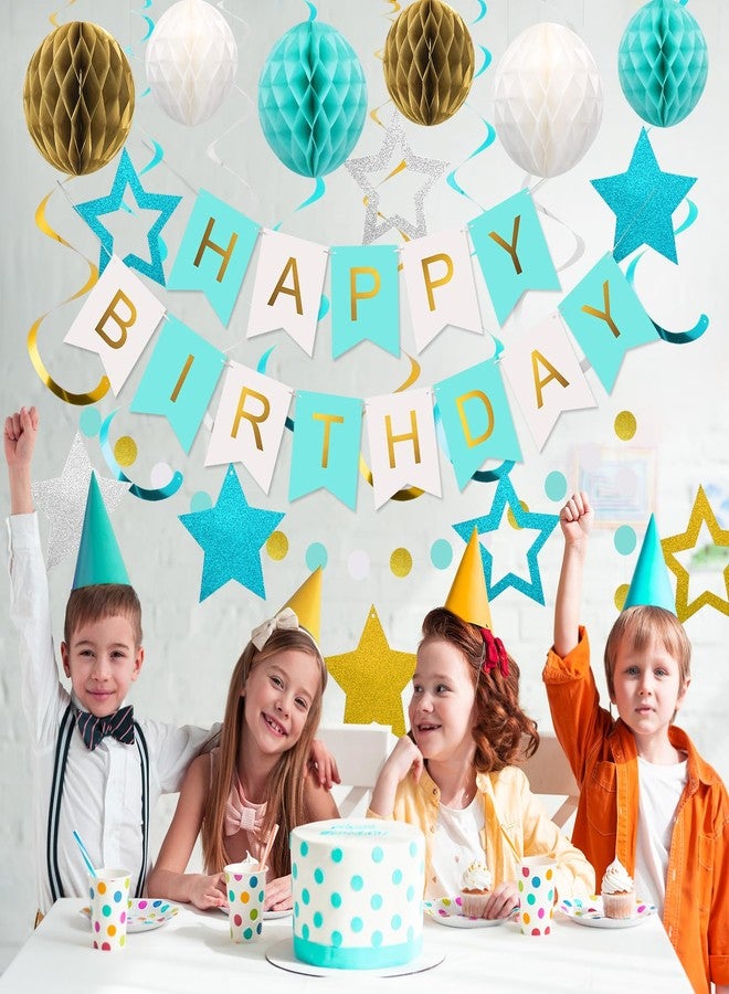 زينة عيد ميلاد رائعة، لافتة عيد ميلاد سعيد مع كرات على شكل خلية نحل، ونجوم متدلية، وشرائط حلزونية، وإكليل من النقاط الدائرية، زينة حفلات عيد ميلاد سعيد للنساء والرجال والأولاد والبنات (نعناع) - Image 5