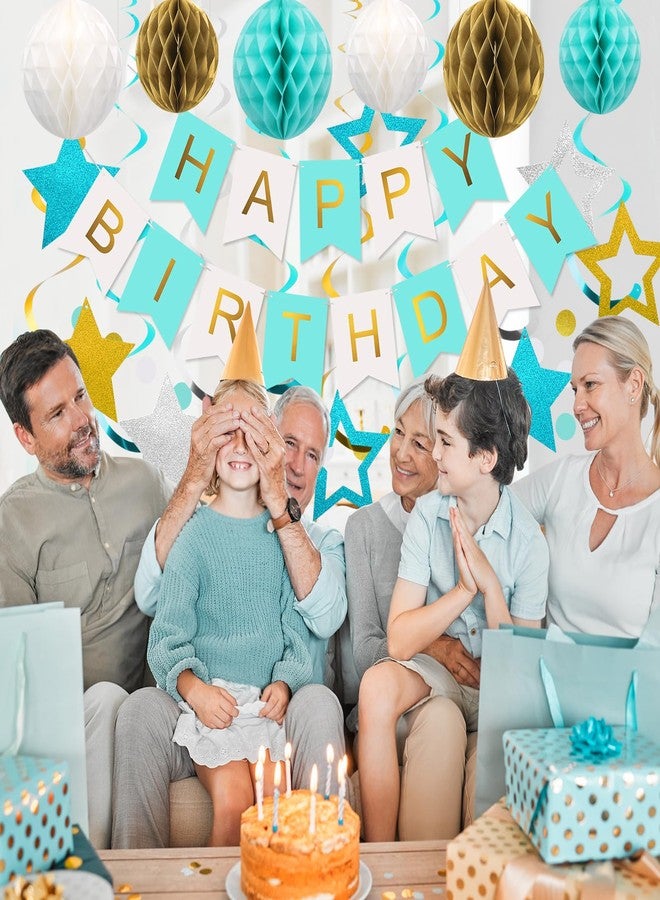 زينة عيد ميلاد رائعة، لافتة عيد ميلاد سعيد مع كرات على شكل خلية نحل، ونجوم متدلية، وشرائط حلزونية، وإكليل من النقاط الدائرية، زينة حفلات عيد ميلاد سعيد للنساء والرجال والأولاد والبنات (نعناع) - Image 3