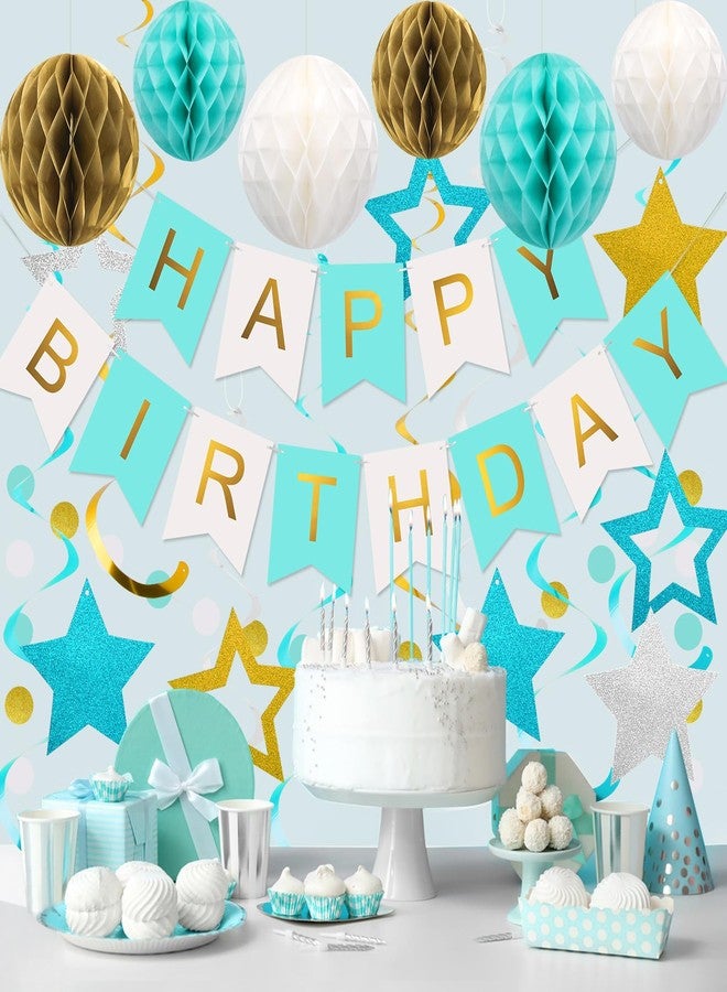 زينة عيد ميلاد رائعة، لافتة عيد ميلاد سعيد مع كرات على شكل خلية نحل، ونجوم متدلية، وشرائط حلزونية، وإكليل من النقاط الدائرية، زينة حفلات عيد ميلاد سعيد للنساء والرجال والأولاد والبنات (نعناع) - Image 2