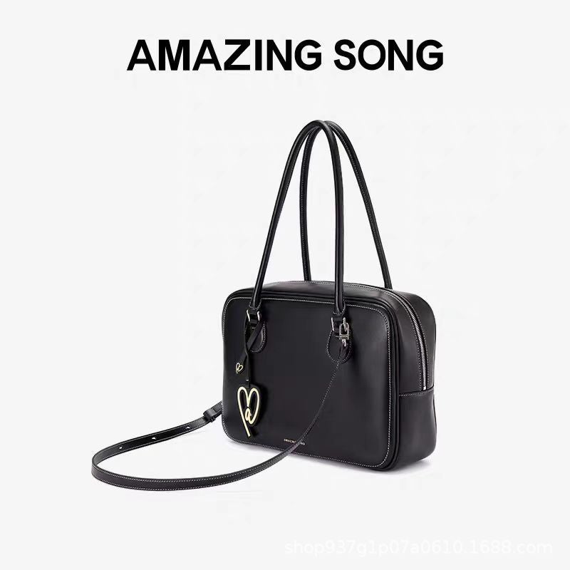 [Ready Stock] Amazing Song Toast Bag Spring and Summer New Cowhide Shoulder Crossbody Hand Bag Pillow Bag Large black