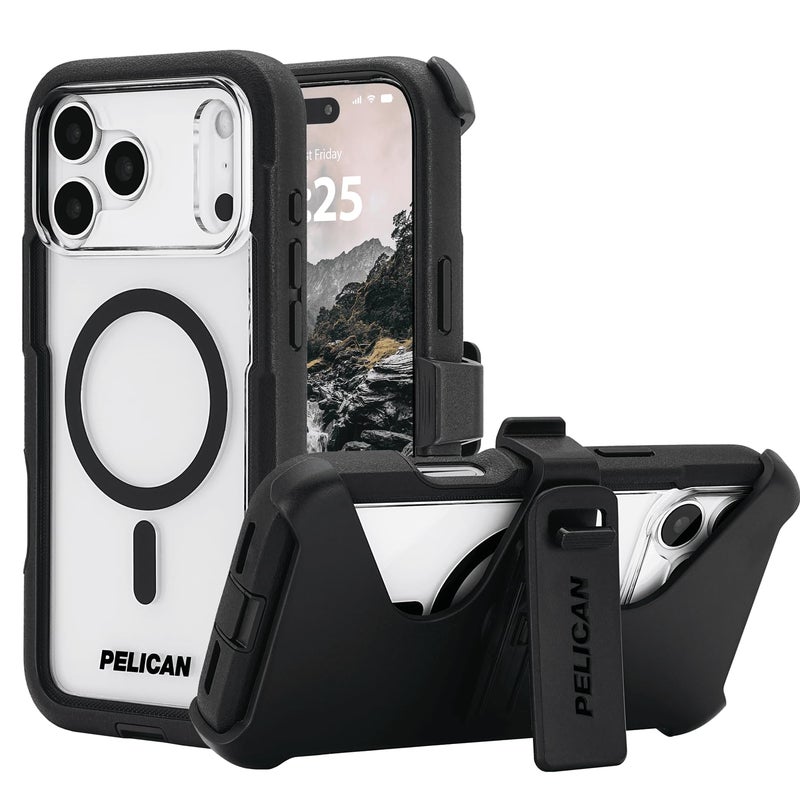 Pelican Voyager iPhone 17 Pro Max Case [Compatible with MagSafe] Rugged Phone Case, 24ft Military-Grade Drop Protection - Heavy Duty Cover w/Belt Clip Holster for iPhone 17 Pro Max - Black/Clear - Image 1