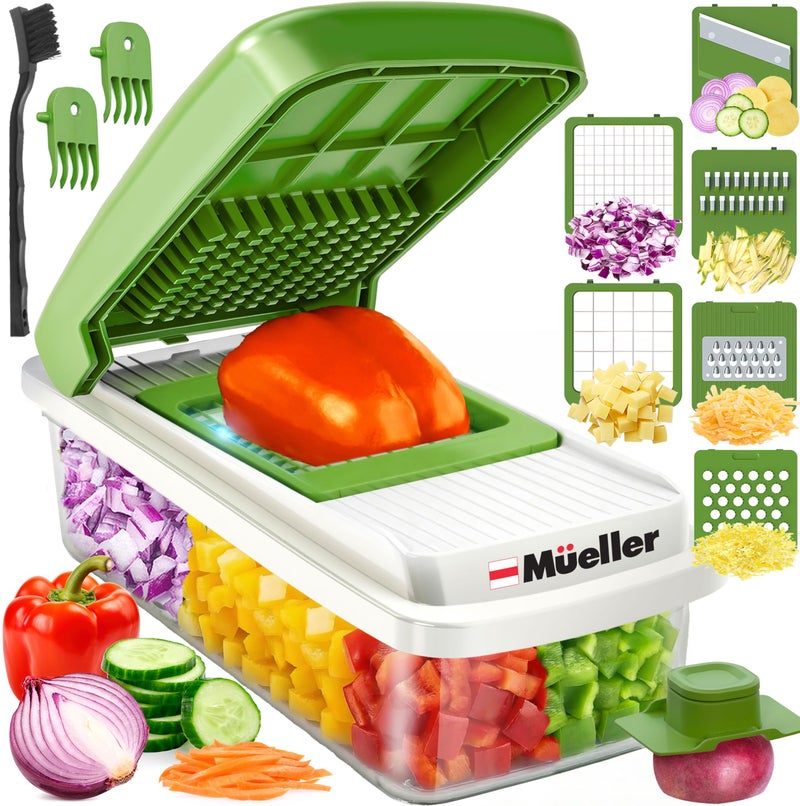 Mueller Vegetable Chopper, Mandoline Slicer, Food Veggie Chopper, Cheese Grater, Onion Vegetable Cutter with Container, Dicer, Kitchen Gadgets & Essentials, White Sand/Green - Image 1