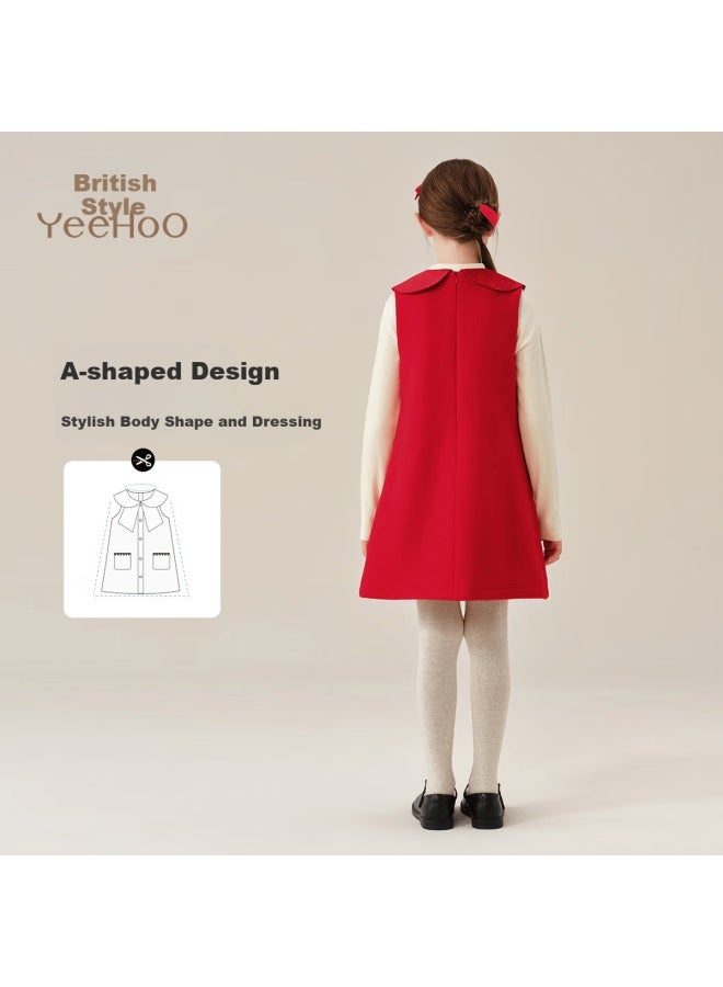 Yeehoo Girls' Dress Children's Dress Medium And Large Children's Clothing Evening Dress Host Little Fragrance A-line Dress Spring Red 165 - Image 1