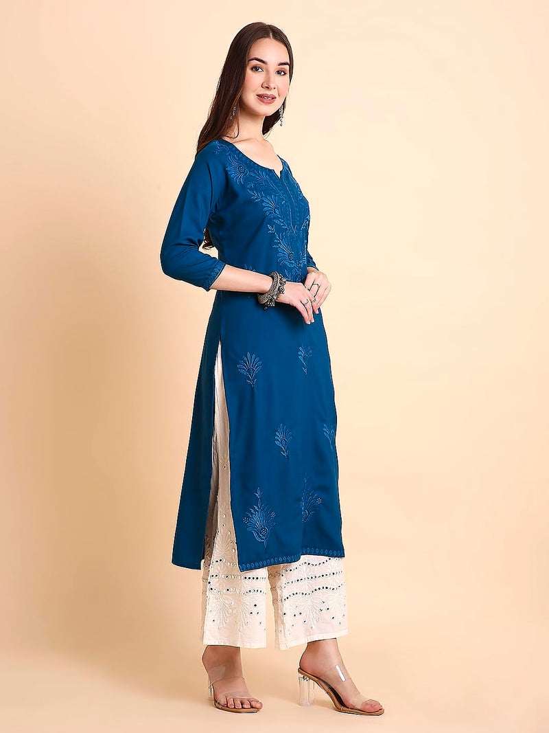 RATAN Women Rayon Regular Fit Straight Lucknowi Chikankari Ethnic Wear Kurta (MEHR-1792-M_Navy Blue) - Image 5
