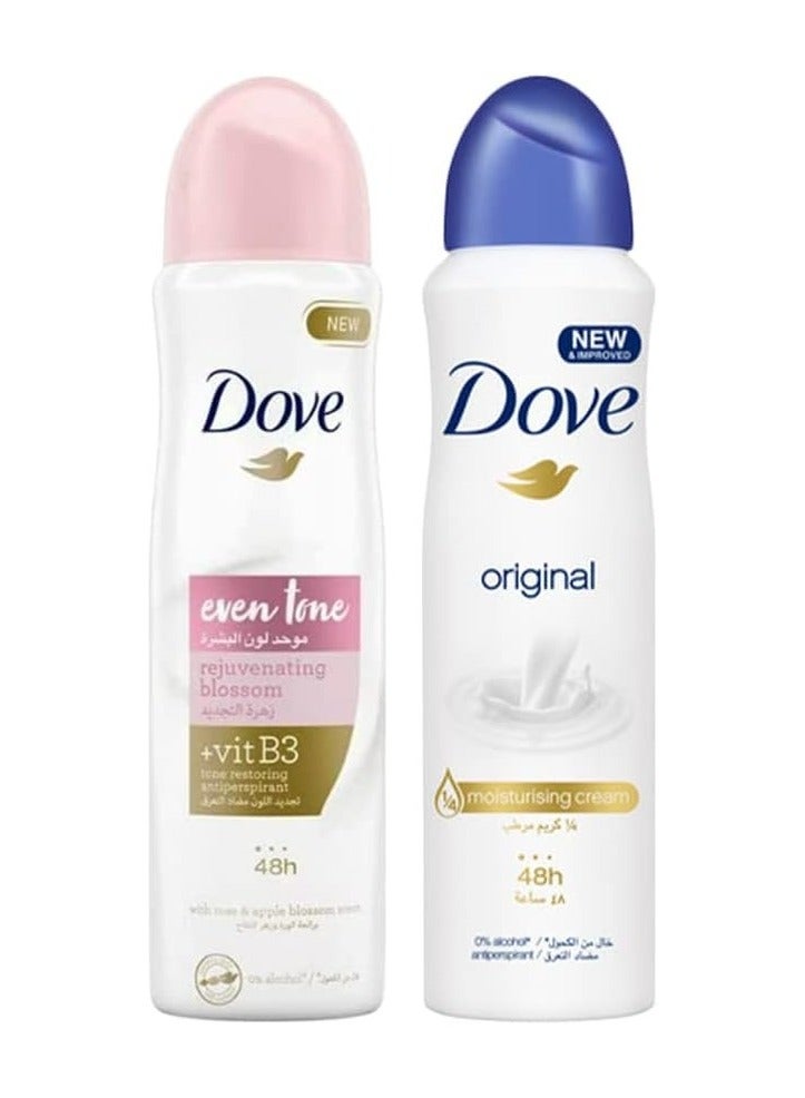 Dove Women Antiperspirant Deodorant Spray for refreshing 48-hour protection, Original, 150ml + DOVE Even Tone Antiperspirant Deodorant Spray, Restores underarm skin to its natural tone, 150ml