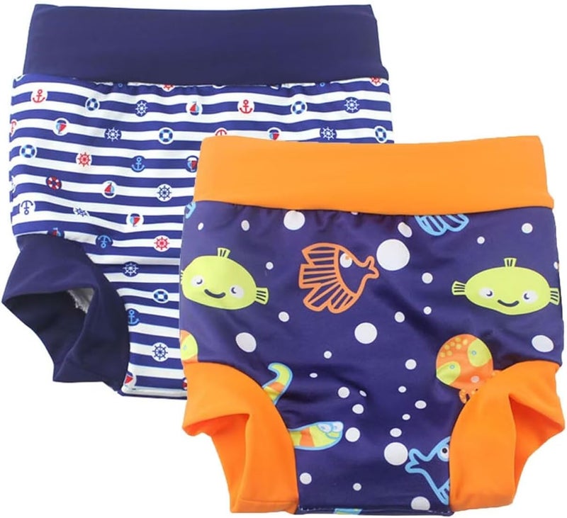 Leideur Baby Swim Nappies for Kids Cover Diaper High-Waisted Swimming Shorts (0-2 Years, Navy Stripe+Blue (Fish)) - Image 1