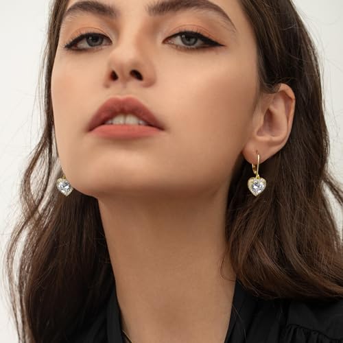 ALEXCRAFT 14K Gold Plated Heart Dangle Earrings, ALEXCRAFT Golden Dangling Drop Earring for Trendy Women Leverback Earing Cubic Zirconia Hearts Shaped Hypoallergenic of Valentine - Image 4