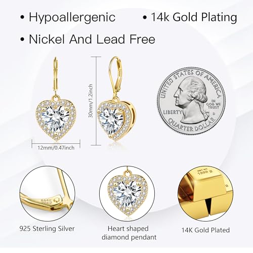 ALEXCRAFT 14K Gold Plated Heart Dangle Earrings, ALEXCRAFT Golden Dangling Drop Earring for Trendy Women Leverback Earing Cubic Zirconia Hearts Shaped Hypoallergenic of Valentine - Image 3