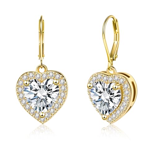ALEXCRAFT 14K Gold Plated Heart Dangle Earrings, ALEXCRAFT Golden Dangling Drop Earring for Trendy Women Leverback Earing Cubic Zirconia Hearts Shaped Hypoallergenic of Valentine - Image 1
