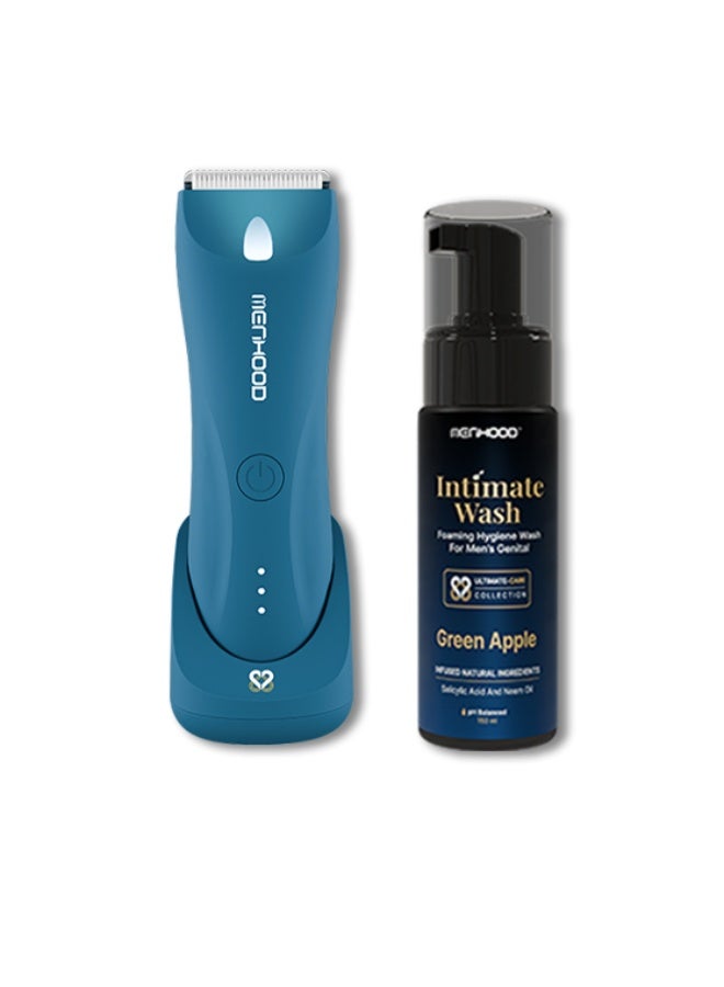 MENHOOD Waterproof Cordless Grooming Trimmer 1.0 Pro Blue & Intimate Wash for Men 150ML | Complete Male Grooming Kit | Full Body & Beard Trimmer with 150 Min Runtime | Rechargeable Electric Groomer & Shaver | Tea Tree & Neem Oil Foaming Wash | Anti-Fungal, pH Balanced, Skin Brightening & Long-Lasting Freshness(Green Apple) - Image 1