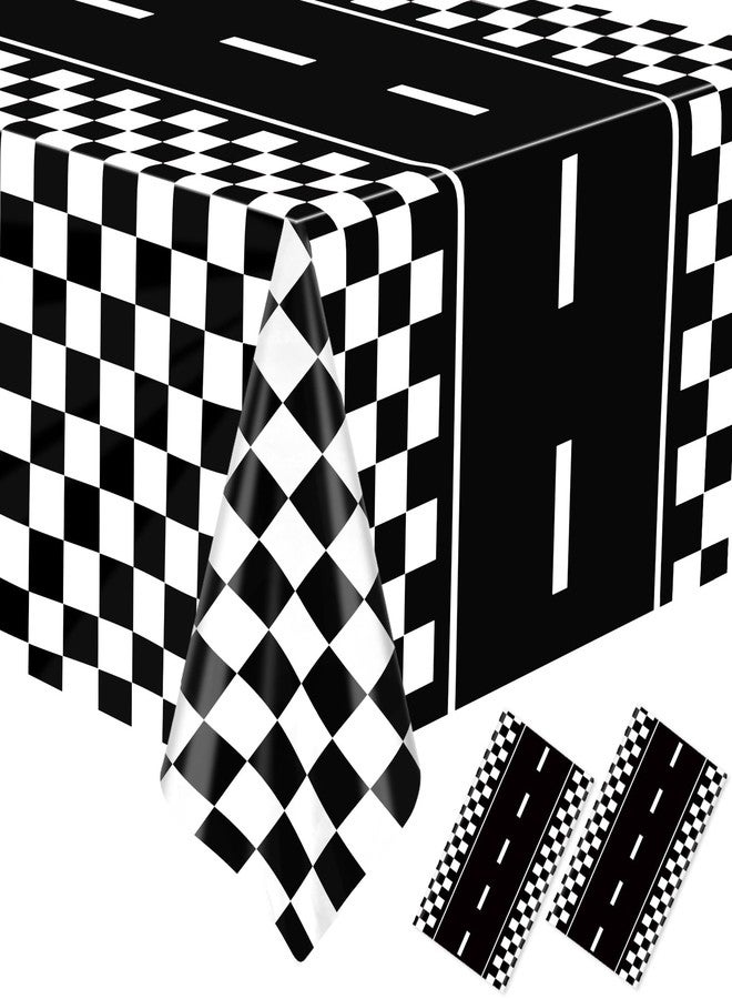 WNINK 2 Pack Race Car Table Cloth Black and White Gingham Tablecloths Disposable Plastic Buffalo Check Tablecloth Checkered Flag Covers for Birthday, Outdoor Picnic, Birthday, Camping 54 × 108 Inch - Image 1