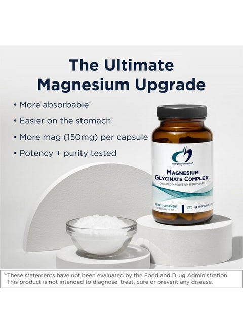 Designs for Health Magnesium Glycinate Complex - Chelated Magnesium Bisglycinate + High Absorption Magnesium Oxide for Heart Health, Immune Support & Bone Strength - Vegan (120 Capsules)