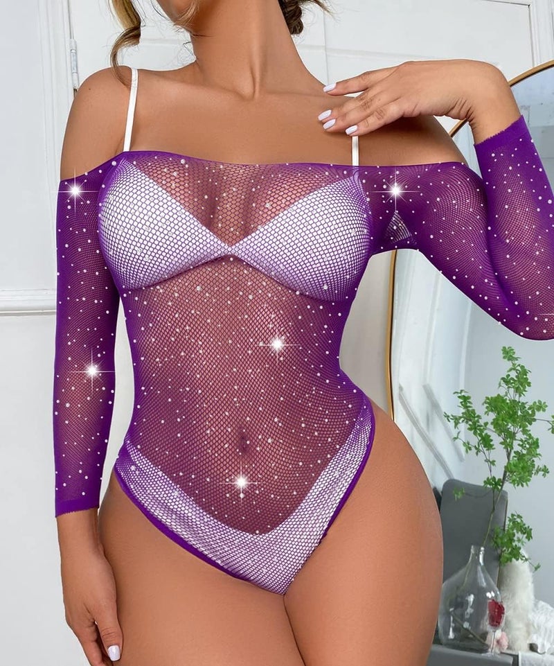GirlFriend Lingerie for Women Lovely One Piece Bodysuit Deep V Neck Teddy Babydoll Mesh Nightwear for Women Mesh Badydoll Fishnets Dresses See Through Lingerie Chemise Outfits Purple - Image 2